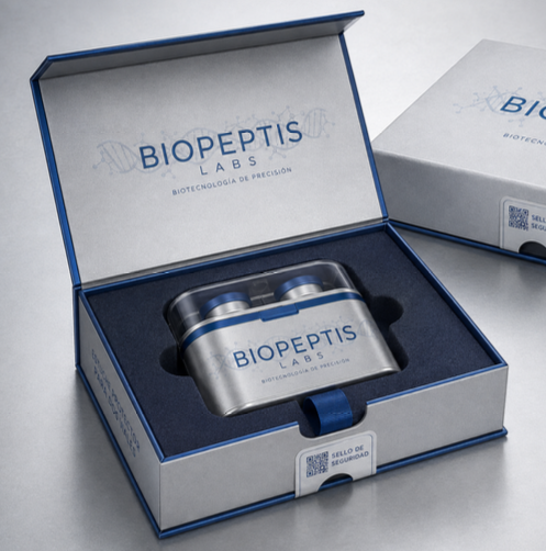 Estuche metálico para dos viales, BIOPEPTIS LABS